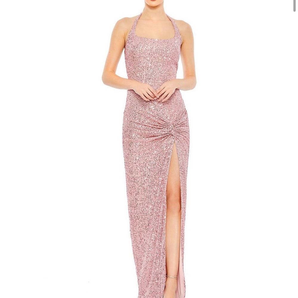 Mac Duggal Sequined Halter Strap Low Side Knot Gown